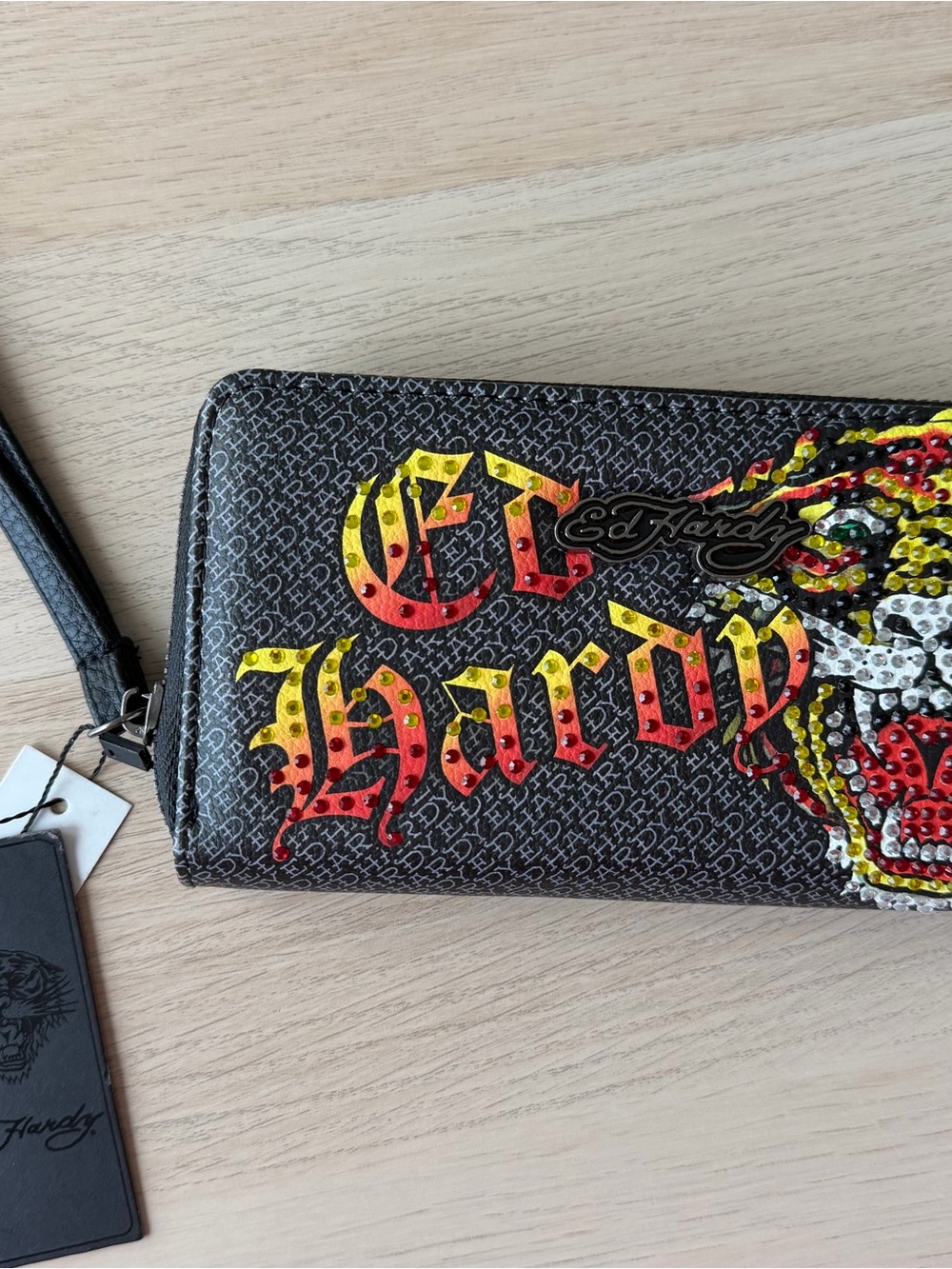 Ed Hardy Tiger Rhinestone Zip Around Wristlet Wallet Roaring Bling Tattoo NWT